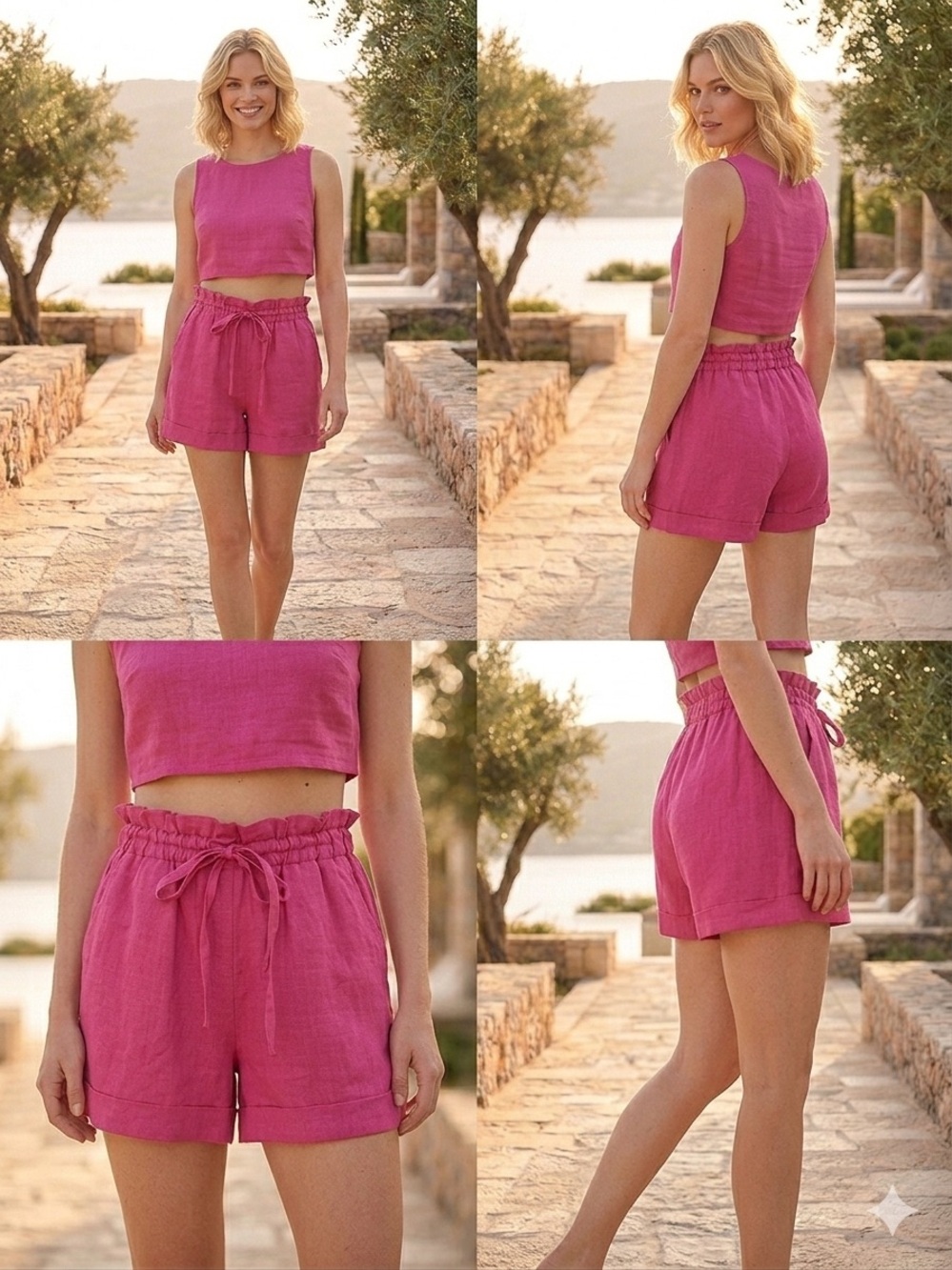 Lavender Brown Hot Pink High-Waist Drawstring Linen Shorts